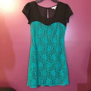 Lace Detailed Black & Aqua Dress - Lace Dress